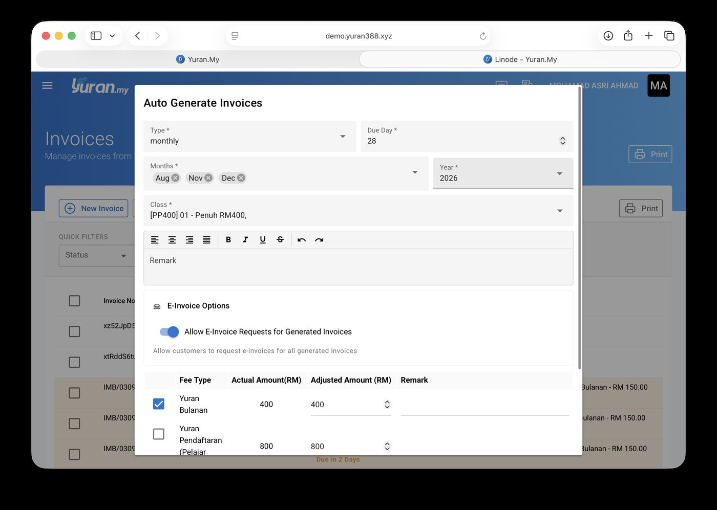 Skrin Auto Generate Invoices dengan pilihan e-Invois